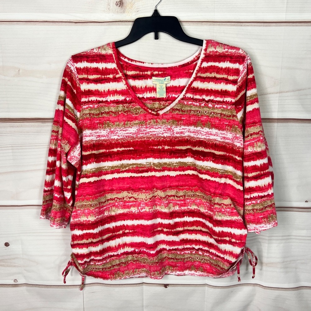 Caribbean Joe Top Womens 3X Red Stripe Blouse V-Neck Cotton Stretch Tie‎ Side